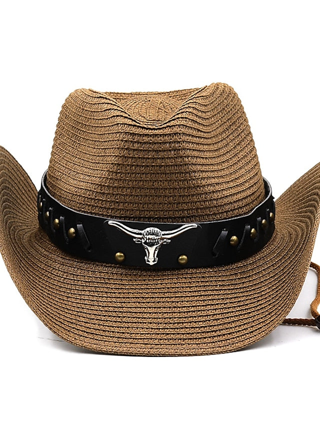 Ethnic Style Hat Cowboy Men Straw Panama Hat Belt Cow Decorate Wide Brimmed Hats For Summer Khaki Women Hat New Arrival - LuckyFash™
