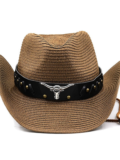 Ethnic Style Hat Cowboy Men Straw Panama Hat Belt Cow Decorate Wide Brimmed Hats For Summer Khaki Women Hat New Arrival - LuckyFash™