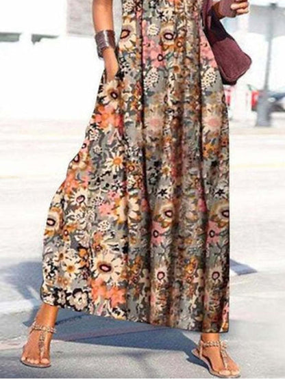 Floral Cold Shoulder Long Dress Maxi Dress Yellow Short Sleeve Floral Spring Summer V Neck Loose Fit  S M L XL XXL 3XL for Women - LuckyFash™