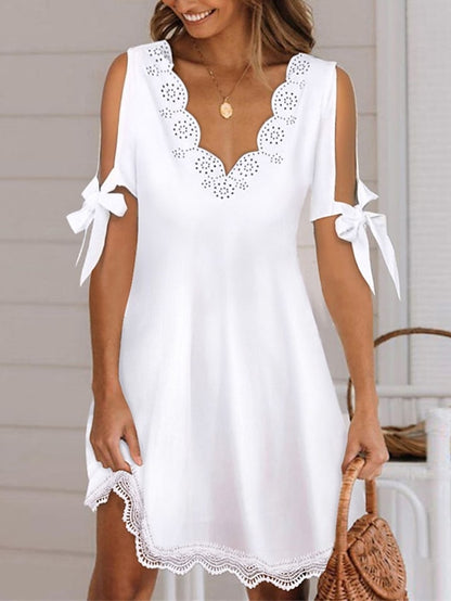 Women's Lace Dress White Dress A Line Dress Mini Dress White Short Sleeve Pure Color Lace Summer Spring V Neck Stylish 2023 S M L XL XXL - LuckyFash™