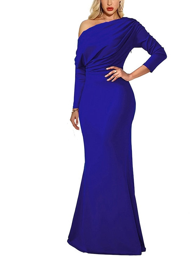 Womenâ€˜s Formal Party Dress Sheath Dress Long Dress Maxi Dress Black Blue Red Long Sleeve Pure Color Ruched Fall Spring One Shoulder Winter Dress 2023 S M L XL XXL - LuckyFash™