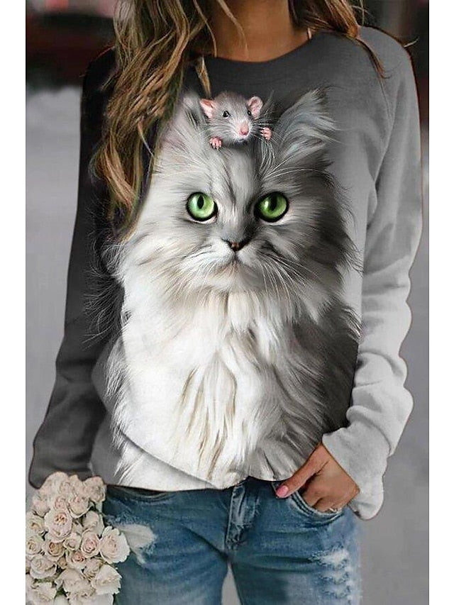 Hoodie Sweatshirt Cute Casual Red Green Beige Cat Dog Dailywear Round Neck Long Sleeve for Women - LuckyFash™