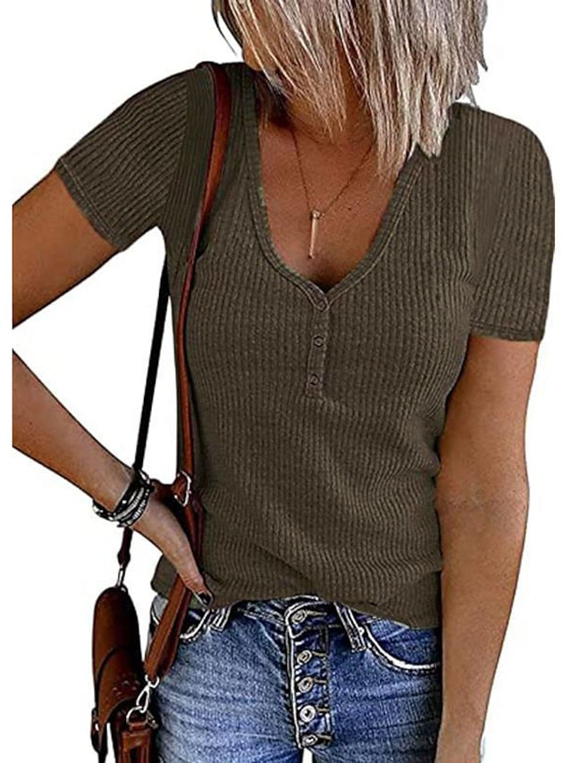 Women's Henley Shirt T shirt Tee Black White Pink Plain Button Short Sleeve Casual Daily Sexy Round Neck Regular S - LuckyFash™