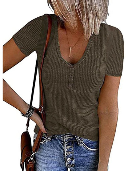 Women's Henley Shirt T shirt Tee Black White Pink Plain Button Short Sleeve Casual Daily Sexy Round Neck Regular S - LuckyFash™