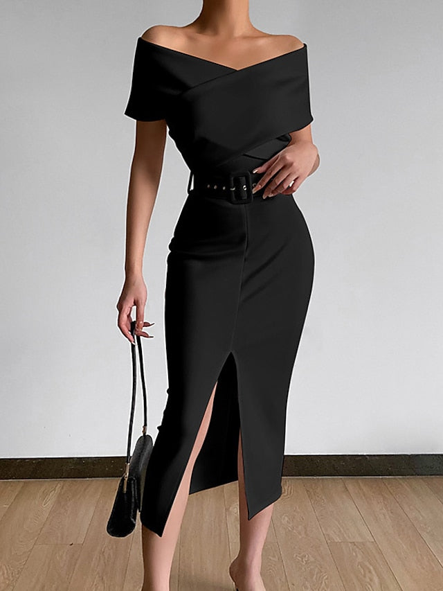 Womenâ€˜s Formal Party Dress Wedding Guest Dress Bodycon Sheath Dress Midi Dress Black White Pink Short Sleeve Pure Color Backless Spring Summer Autumn Off Shoulder Stylish Slim 2023 S M L XL XXL 3XL - LuckyFash™