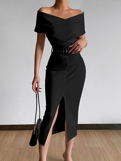 Womenâ€˜s Formal Party Dress Wedding Guest Dress Bodycon Sheath Dress Midi Dress Black White Pink Short Sleeve Pure Color Backless Spring Summer Autumn Off Shoulder Stylish Slim 2023 S M L XL XXL 3XL - LuckyFash™
