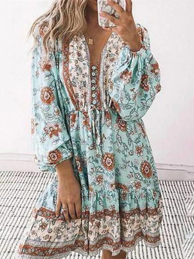 Women's Ethnic Dress A Line Dress Boho Dress Mini Dress Light Blue Long Sleeve Floral Button Summer Spring V Neck Boho Winter Dress Fall Dress Loose Fit 2023 S M L XL XXL 3XL - LuckyFash™
