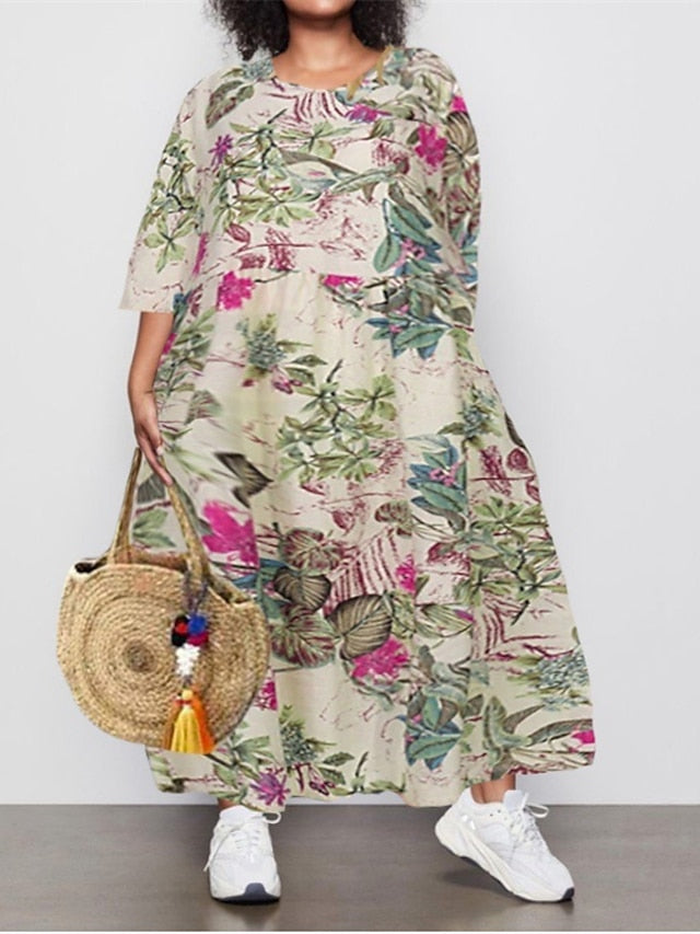 Women's Holiday Dress Floral Crew Neck Ruched Long Sleeve Fall Spring Casual Maxi long Dress Daily Dress Fall Dress Black Dress Loose Fit - LuckyFash™