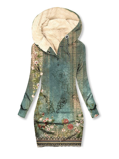 Womenâ€˜s Fleece Hoodie Dress Winter Dress Mini Dress Green Long Sleeve Floral Button Print Winter Fall Hooded Stylish Casual 2022 S M L XL XXL 3XL - LuckyFash™