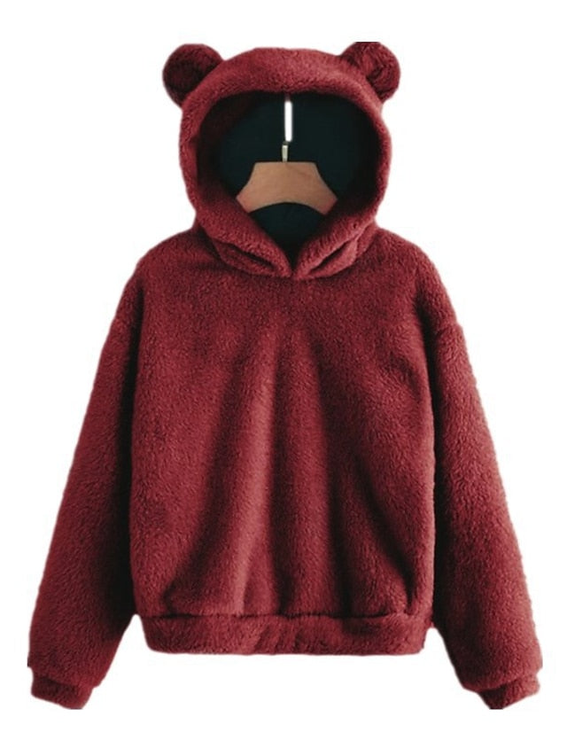 women's fleece fuzzy bear ear hooded sweatshirts hoodie long sleeve casual pullover tops multicolor - LuckyFash™