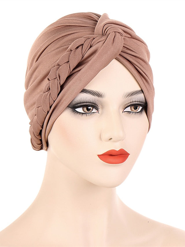 Women Lady Muslim Braid Head Turban Wrap Plain Color Islamic Arab Cap Hat Hair Loss Bonnet Beanies - LuckyFash™