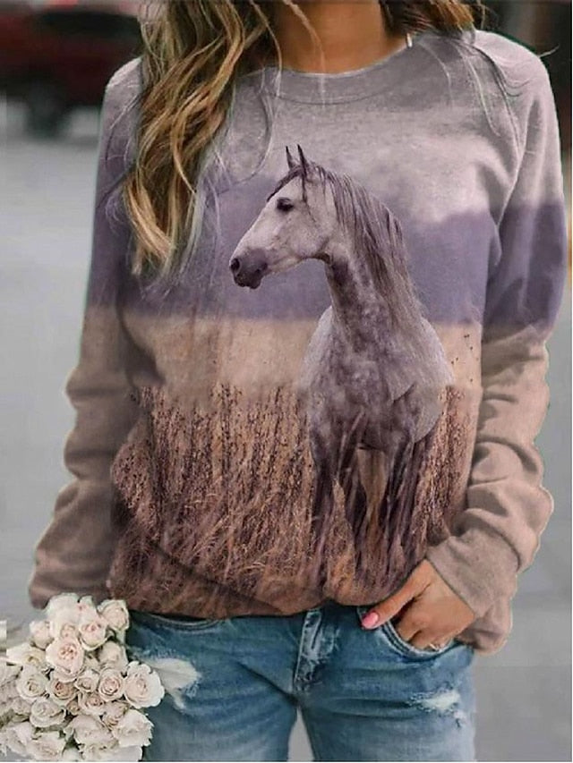 Women's Hoodie Sweatshirt Pullover Streetwear Casual Purple Yellow Khaki Graphic Horse Loose Fit Daily Round Neck Long Sleeve S M L XL XXL - LuckyFash™