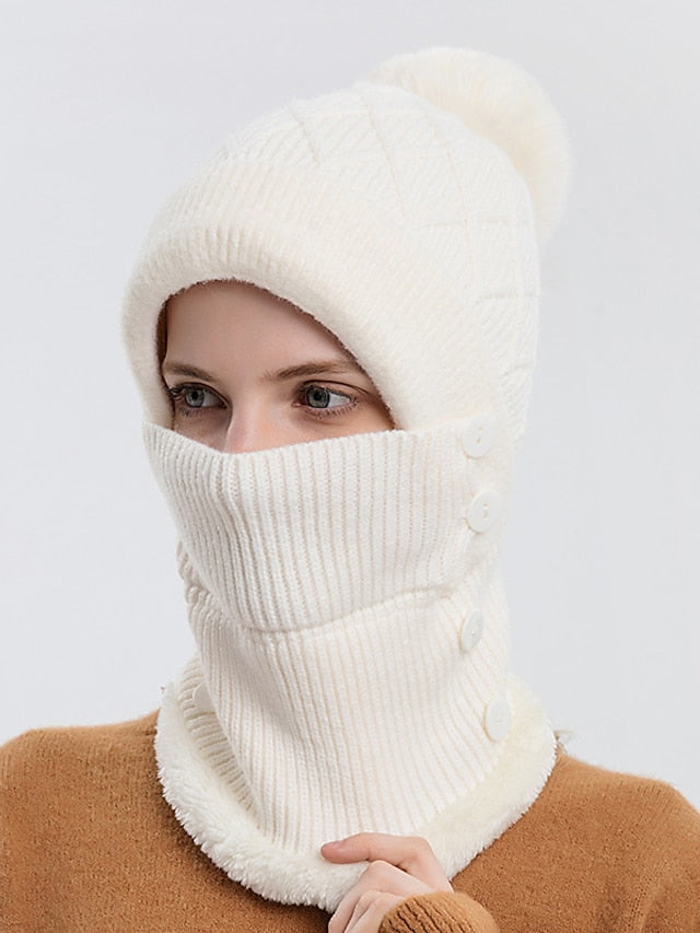 Winter Hats For Women Soft One-Piece Warm Mask Knitted Hat Thickened Lining Warm Beanies Female Cycling Cap - LuckyFash™