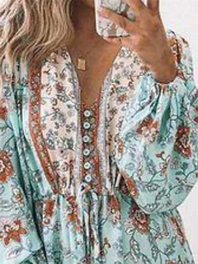 Women's Ethnic Dress A Line Dress Boho Dress Mini Dress Light Blue Long Sleeve Floral Button Summer Spring V Neck Boho Winter Dress Fall Dress Loose Fit 2023 S M L XL XXL 3XL - LuckyFash™