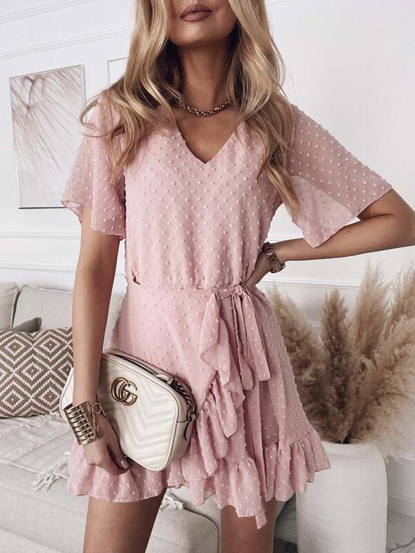 Waist V-neck Short Sleeve Solid Color Dress - LuckyFash™