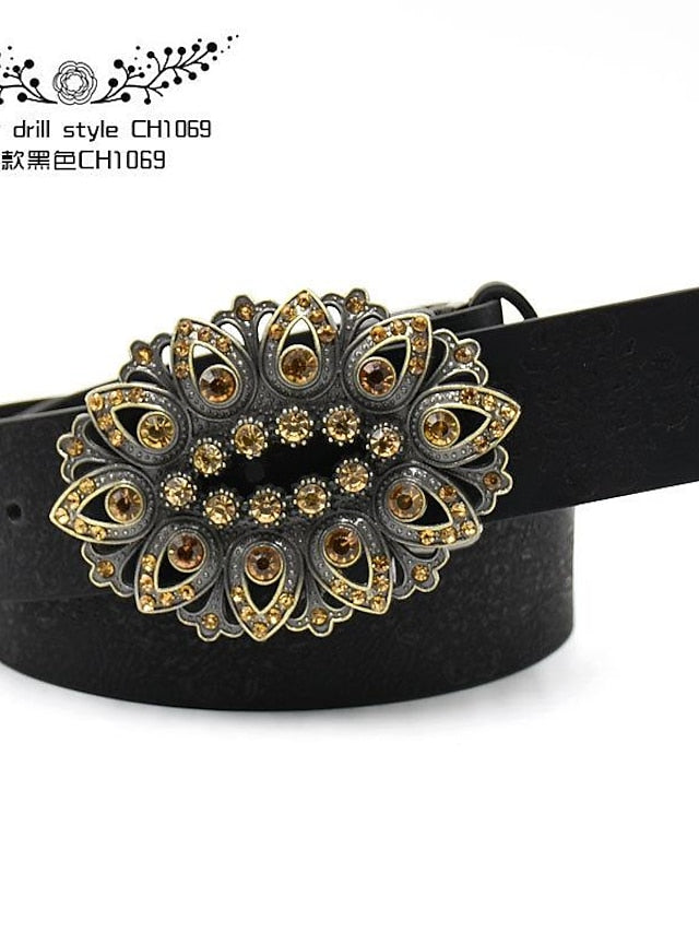 Women's PU Buckle Belt PU Leather Metal Bucke Engraved Crystal Rhinestone Classic Vintage Retro Wedding Party Rhinestone black ch1047 Rhinestone yellow camel ch1067 Rhinestone yellow camel ch1024 - LuckyFash™