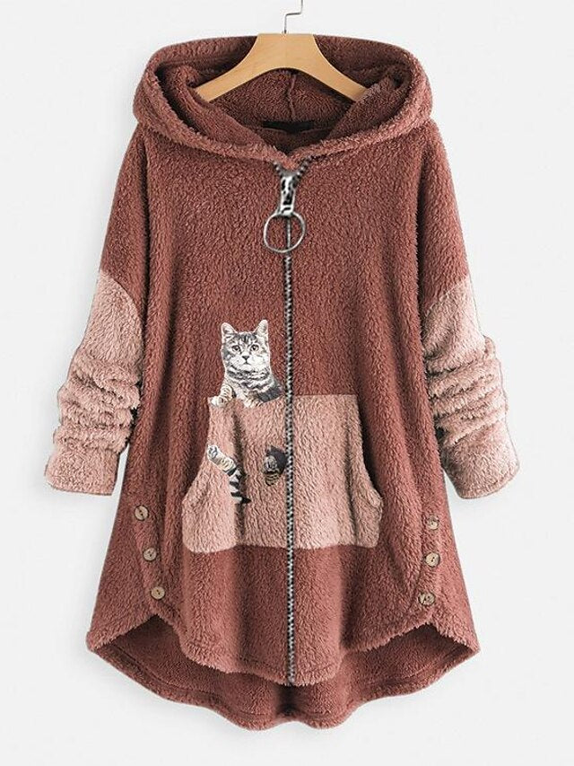 Hoodie Sweatshirt Pullover Pullover Sherpa Fleece Teddy Zip Up Front Pocket Pink Green Dark Grey Cat Street Hoodie Plus Size Long Sleeve Fleece for Women - LuckyFash™