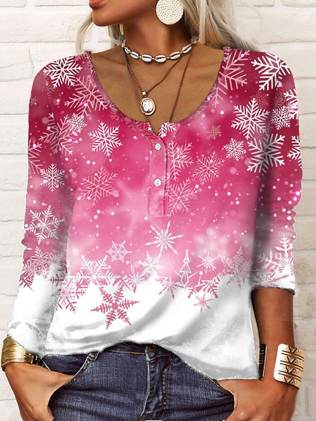 Women's Henley Shirt T shirt Tee Maroon Grass Green White Galaxy Sparkly Button Print Long Sleeve Casual Weekend Basic Round Neck Regular Painting S - LuckyFash™