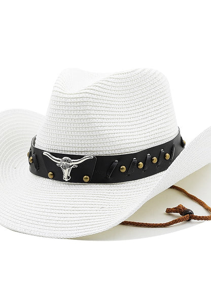 Ethnic Style Hat Cowboy Men Straw Panama Hat Belt Cow Decorate Wide Brimmed Hats For Summer Khaki Women Hat New Arrival - LuckyFash™