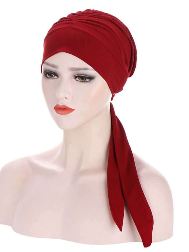 Muslim Women Stretch Solid Wrinkle Turban Hat Cancer Chemo Beanies Caps Pre-Tied Scarf Headwear Headwrap Simple Hair Accessories - LuckyFash™