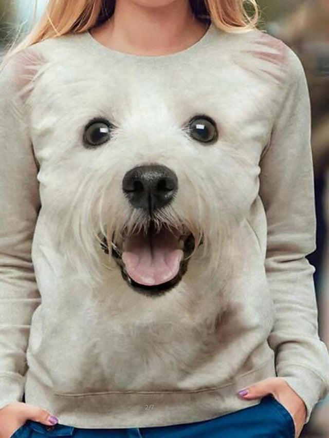 Women's Hoodie Sweatshirt Pullover Casual White Black Graphic Dog 3D Daily Round Neck Long Sleeve S M L XL XXL - LuckyFash™