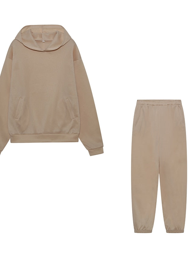 Hoodie 2 Piece Solid / Plain Color Sports Regular Winter Creamy-white ArmyGreen Big red Purple Pink for Women - LuckyFash™