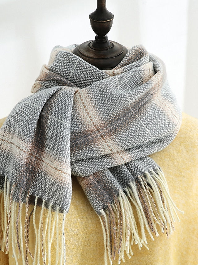 Winter New Women's Plaid Scarves Knit Mix Color Long Tassel Shawl Wraps  Ponchos Cape Scarves Thicken Warm Soft Female Scarf - LuckyFash™