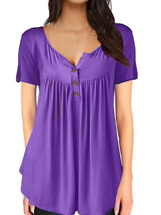 Women's Henley Shirt T shirt Tee Black White Red Plain Button Short Sleeve Casual Daily Basic Daily Casual Round Neck Long S - LuckyFash™