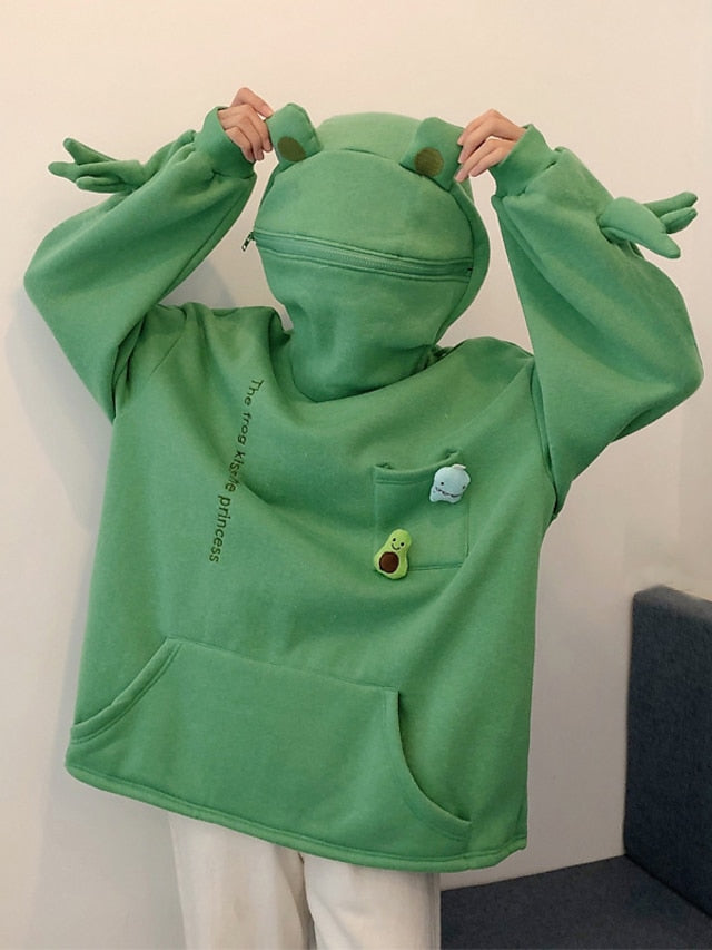 funny frog hoodies coat harajuku hooded lazy sweatshirt with flap pocket hoodie pullover warm windbreaker (green 1, m) for Women - LuckyFash™