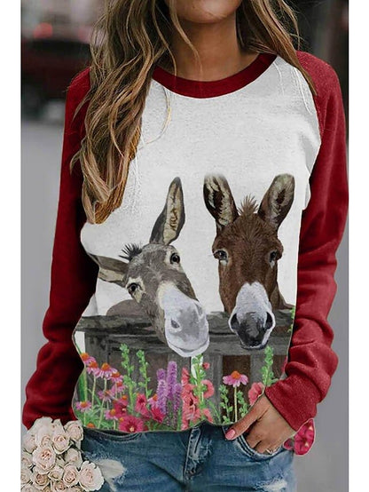 Hoodie Sweatshirt Cute Casual Red Green Beige Cat Dog Dailywear Round Neck Long Sleeve for Women - LuckyFash™