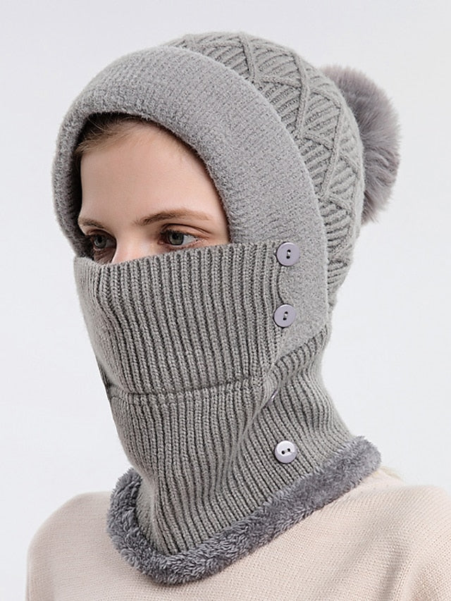 Winter Hats For Women Soft One-Piece Warm Mask Knitted Hat Thickened Lining Warm Beanies Female Cycling Cap - LuckyFash™