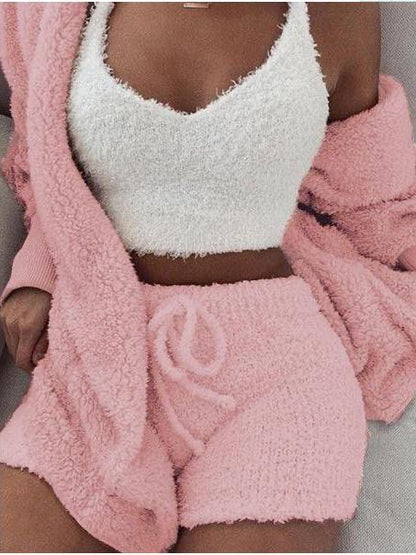 Women's Hooded 3 Piece Fleece Plush Tops Shorts Set - LuckyFash™