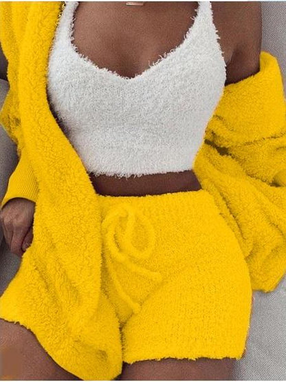 Women's Hooded 3 Piece Fleece Plush Tops Shorts Set - LuckyFash™