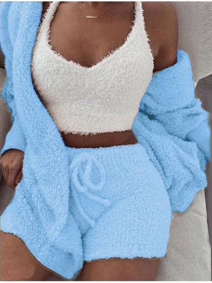 Women's Hooded 3 Piece Fleece Plush Tops Shorts Set - LuckyFash™