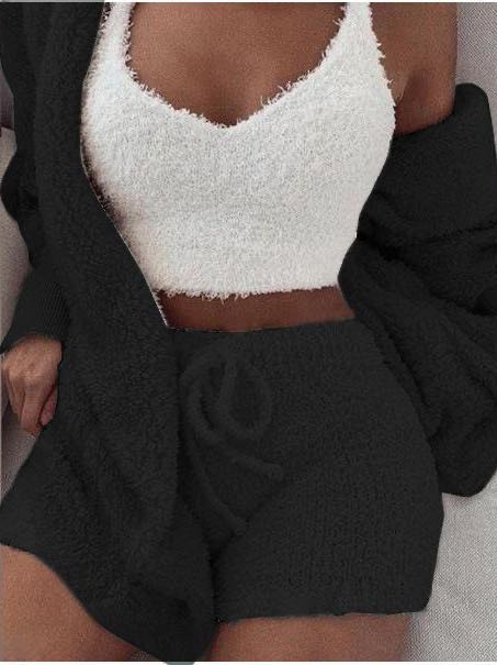 Women's Hooded 3 Piece Fleece Plush Tops Shorts Set - LuckyFash™