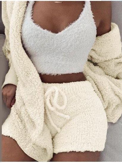 Women's Hooded 3 Piece Fleece Plush Tops Shorts Set - LuckyFash™