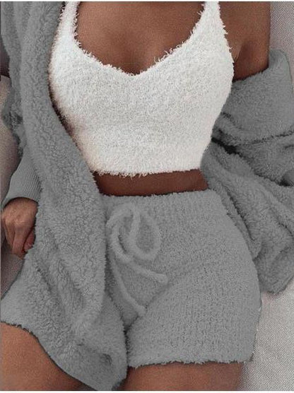 Women's Hooded 3 Piece Fleece Plush Tops Shorts Set - LuckyFash™