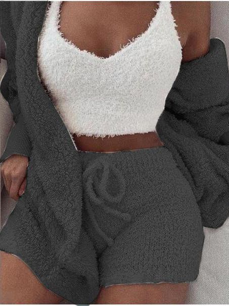 Women's Hooded 3 Piece Fleece Plush Tops Shorts Set - LuckyFash™