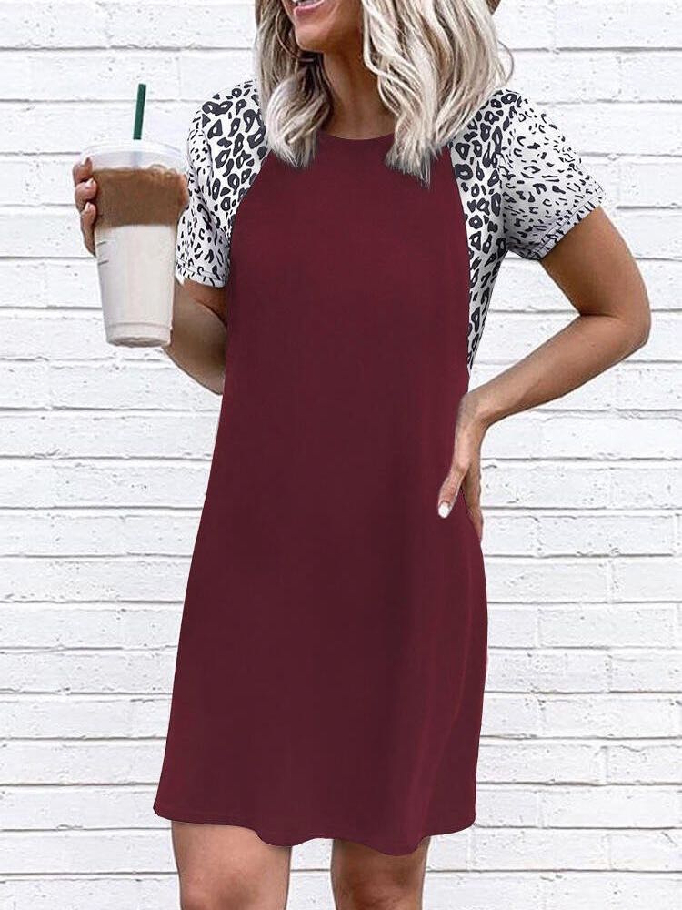 Women's Casual Leopard Print Patchwork T-shirt Dress - LuckyFash™
