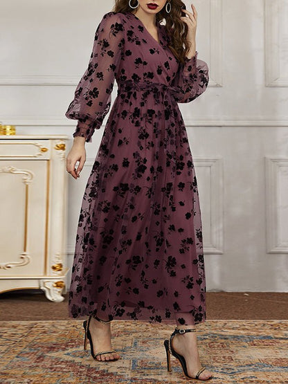 Dresses Casual V-Neck Floral Print Lace High-Waist Midi Dress - LuckyFash™
