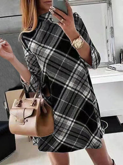 Dresses Check Print Long Sleeve Mini Dress - LuckyFash™