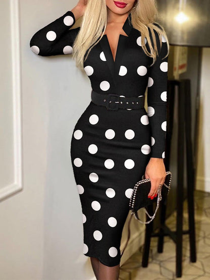Dresses Check Printed V-Neck Belt Long Sleeve Dress - LuckyFash™