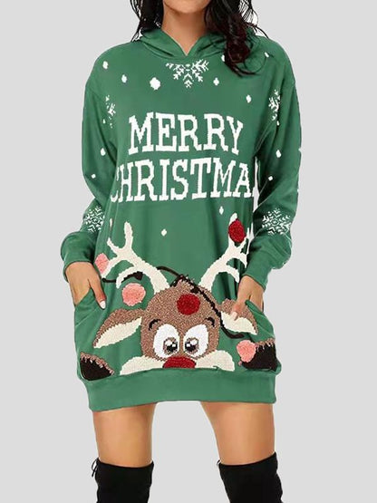 Dresses Christmas Print Pocket Long Sleeve Hooded Dress - LuckyFash™