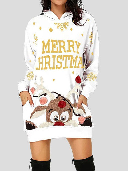 Dresses Christmas Print Pocket Long Sleeve Hooded Dress - LuckyFash™