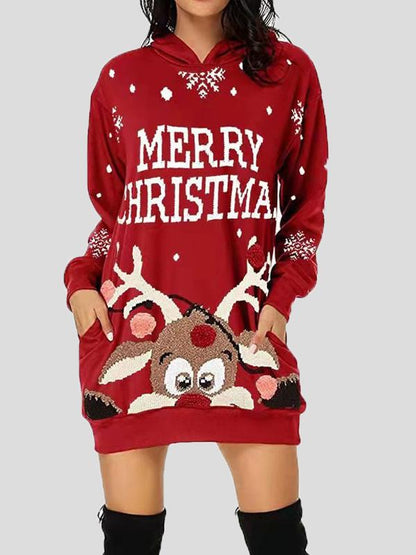 Dresses Christmas Print Pocket Long Sleeve Hooded Dress - LuckyFash™
