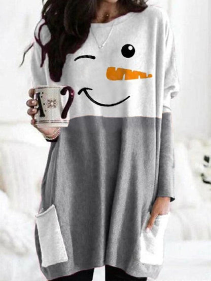 Dresses Christmas Snowman Print Pocket Long Sleeve Dress - LuckyFash™