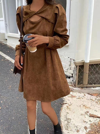 Dresses Corduroy Solid Cut-Out Cross Neck Mini Dress - LuckyFash™