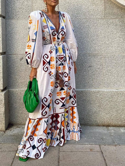 Dresses Deep V-Neck Lantern Sleeve Printed Dress - LuckyFash™