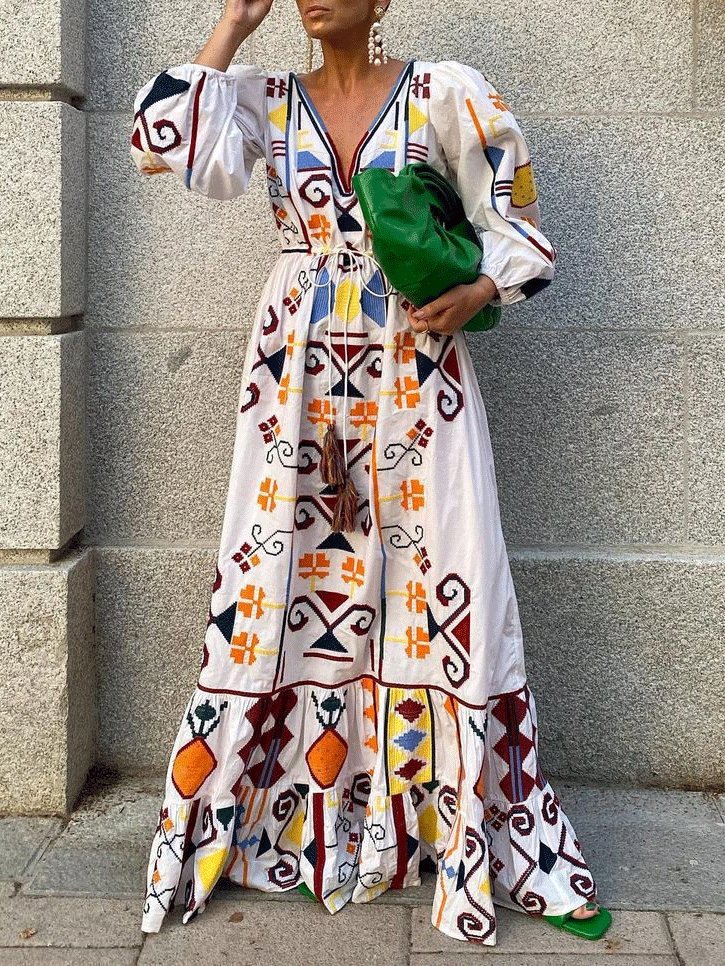 Dresses Deep V-Neck Lantern Sleeve Printed Dress - LuckyFash™