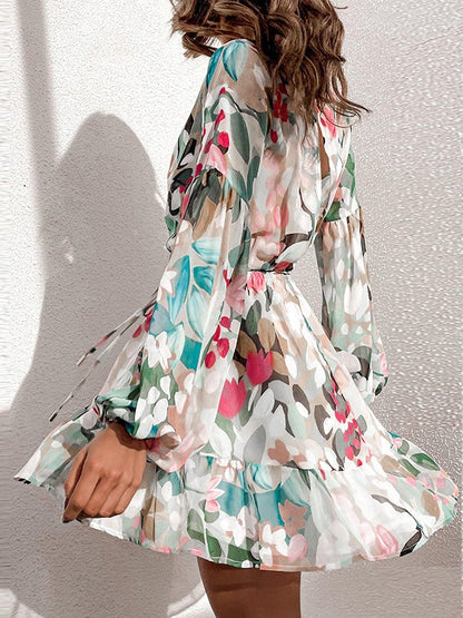 Dresses Deep V-Neck Printed Long Sleeve Ruffle Dress - LuckyFash™